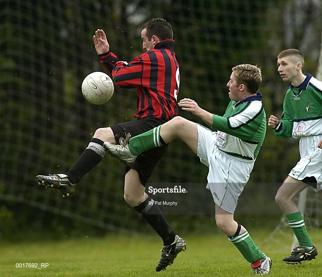 30 April 2005; Gary McIlwaine, Belfast, in action against Darren Flanagan, Cheeverstown. Europe Eurasia Football Week 2005, Men's National Cup Final, Belfast v Cheeverstown, AUL Complex, Clonshaugh, Dublin. Picture credit; Pat Murphy / SPORTSFILE