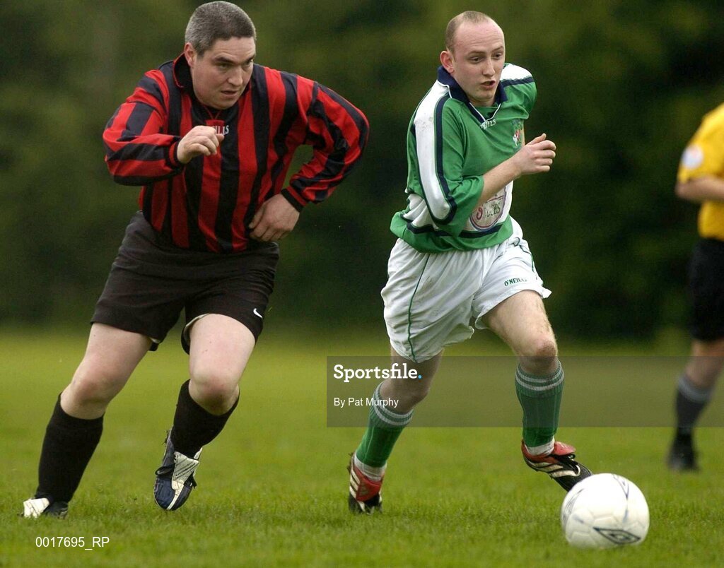 30 April 2005; Conor Burns, Belfast, in action against Mick O'Reilly, Cheeverstown. Europe Eurasia Football Week 2005, Men's National Cup Final, Belfast v Cheeverstown, AUL Complex, Clonshaugh, Dublin. Picture credit; Pat Murphy / SPORTSFILE