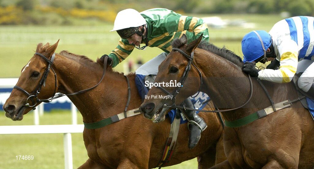 28 April 2005; Good Step, with John Thomas McNamara up, leads eventual second placed Shady Lad, with Nina Carberry up, on their way to winning the Blue Square Steeplechase (La Touche Cup). Punchestown Racecourse, Co. Kildare. Picture credit; Pat Murphy / SPORTSFILE