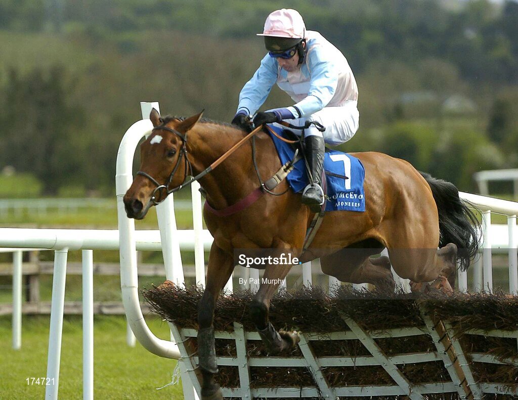 28 April 2005; United, with Leighton Aspell up, clears the last on their way to winning the Colm McEvoy Auctioneers Champion 4yo Hurdle. Punchestown Racecourse, Co. Kildare. Picture credit; Pat Murphy / SPORTSFILE