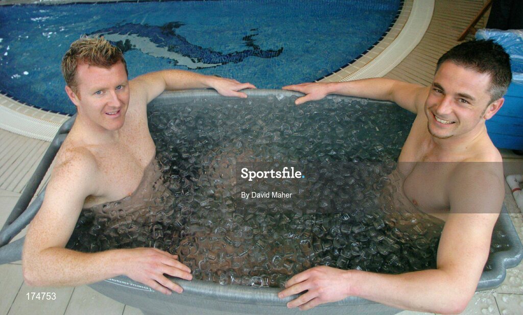 3 March 2004; St. Patrick's Athletic players Barry Prenderville, left, and Tony Bird sit in a tub of ice as part of their training exercises. Sports Centre, City West Hotel, Co. Dublin. Picture credit; David Maher / SPORTSFILE *EDI*