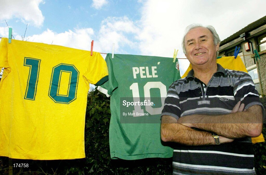 17 February 2004; Former Dundalk defender and League of Ireland XI captain Tommy McConville pictured with his  New York Cosmos jerseys worn by Pele. Dundalk, Co. Louth. Picture credit; Matt Browne / SPORTSFILE