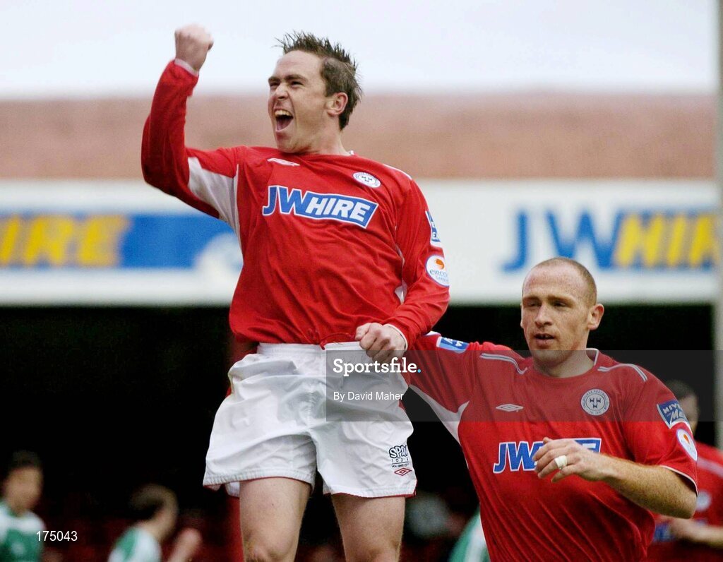 29 April 2005; Richie Baker, left, Shelbourne, celebrates after scoring his sides first goal with team-mate Glen Crowe. eircom League, Premier Division, Shelbourne v Bray Wanderers, Tolka Park, Dublin. Picture credit; David Maher / SPORTSFILE