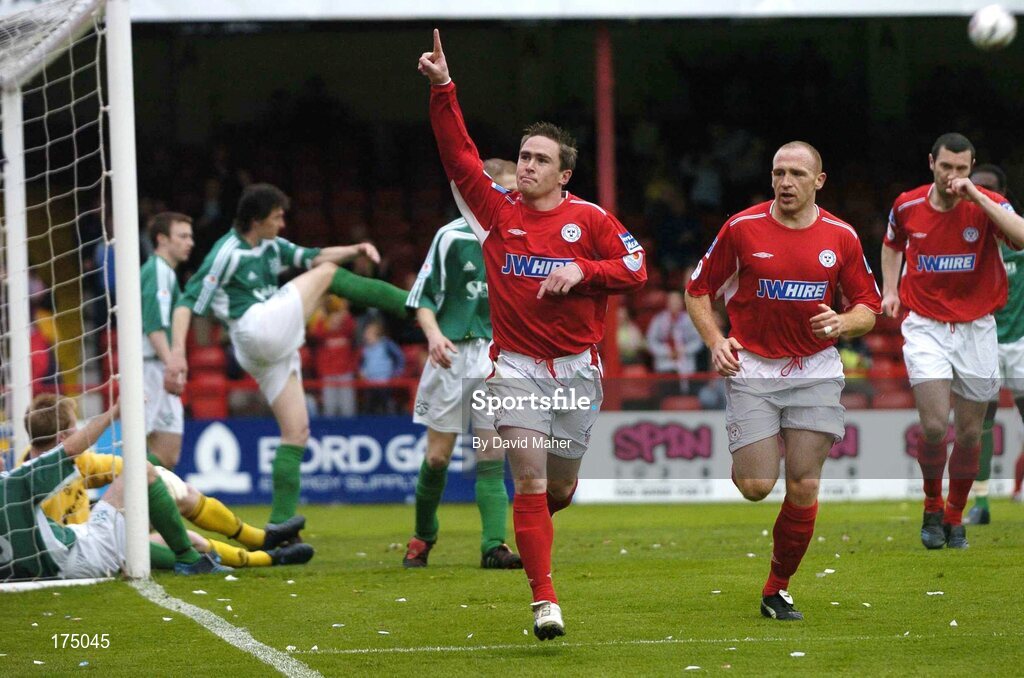 29 April 2005; Richie Baker, centre, Shelbourne, celebrates after scoring his sides first goal with team-mate Glen Crowe, right. eircom League, Premier Division, Shelbourne v Bray Wanderers, Tolka Park, Dublin. Picture credit; David Maher / SPORTSFILE