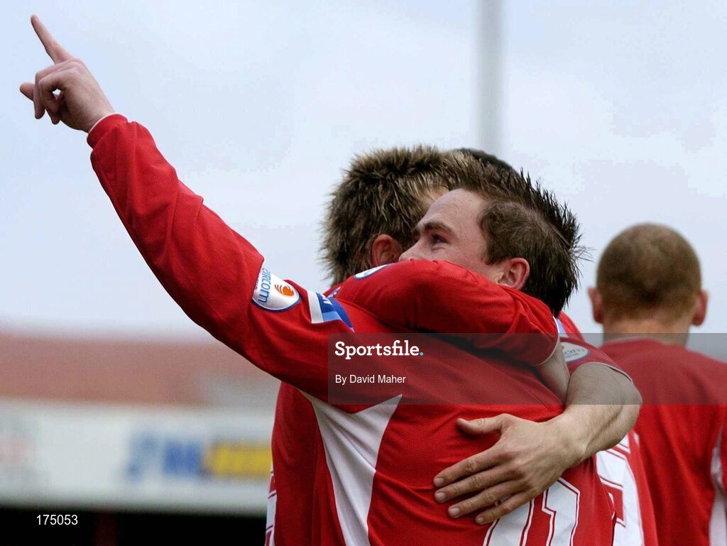 29 April 2005; Richie Baker, centre, Shelbourne, celebrates after scoring his sides first goal with team-mate Bobby Ryan. eircom League, Premier Division, Shelbourne v Bray Wanderers, Tolka Park, Dublin. Picture credit; David Maher / SPORTSFILE