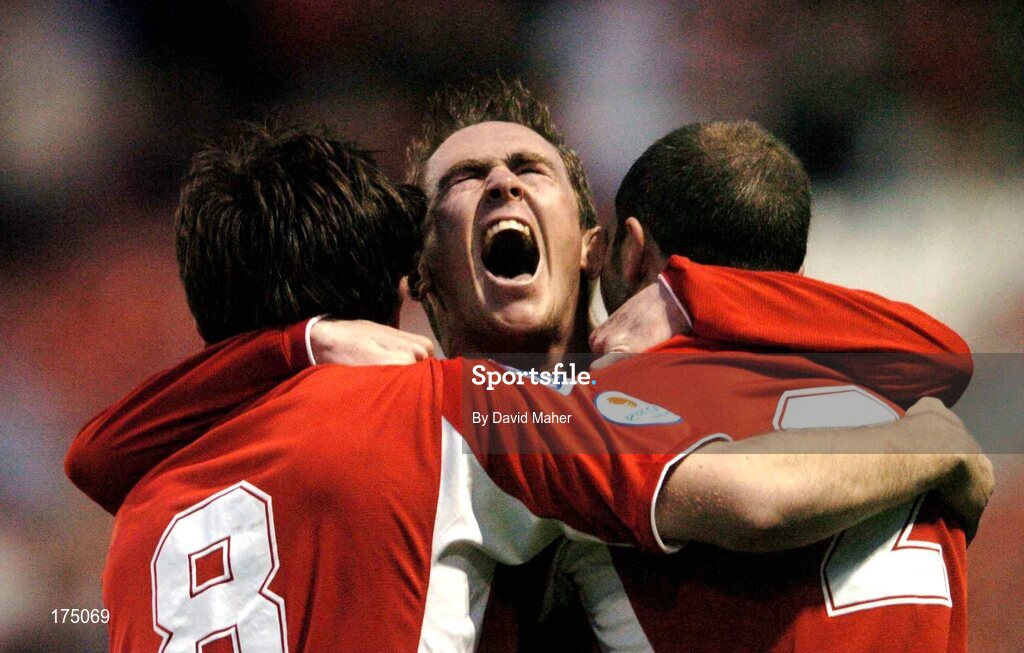 29 April 2005; Richie Baker, centre, Shelbourne, celebrates after scoring his sides third goal with team-mates Stuart Byrne, left and Owen Heary. eircom League, Premier Division, Shelbourne v Bray Wanderers, Tolka Park, Dublin. Picture credit; David Maher / SPORTSFILE