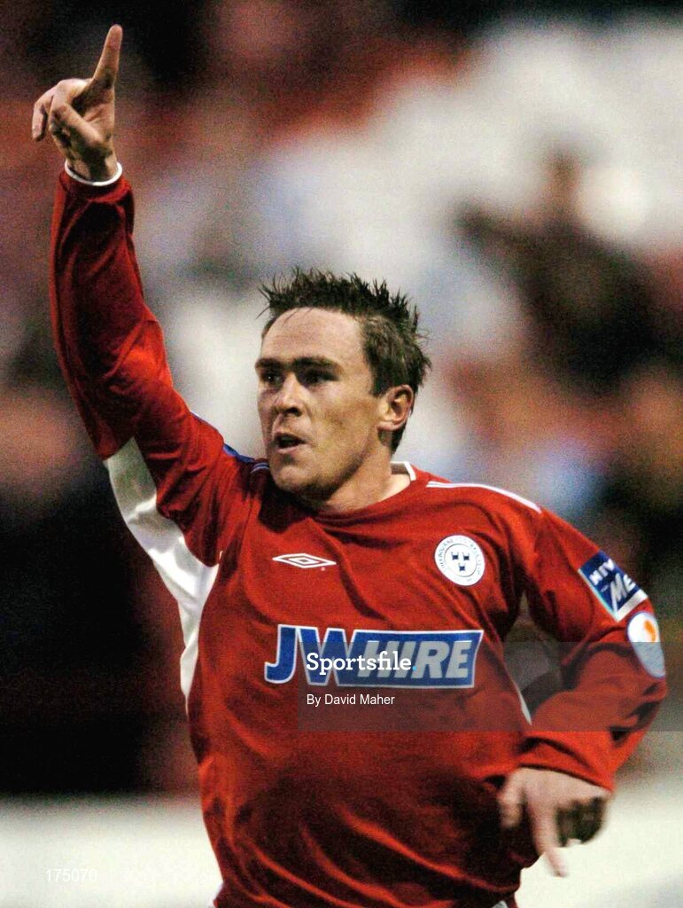 29 April 2005; Richie Baker, Shelbourne, celebrates after scoring his sides third goal. eircom League, Premier Division, Shelbourne v Bray Wanderers, Tolka Park, Dublin. Picture credit; David Maher / SPORTSFILE