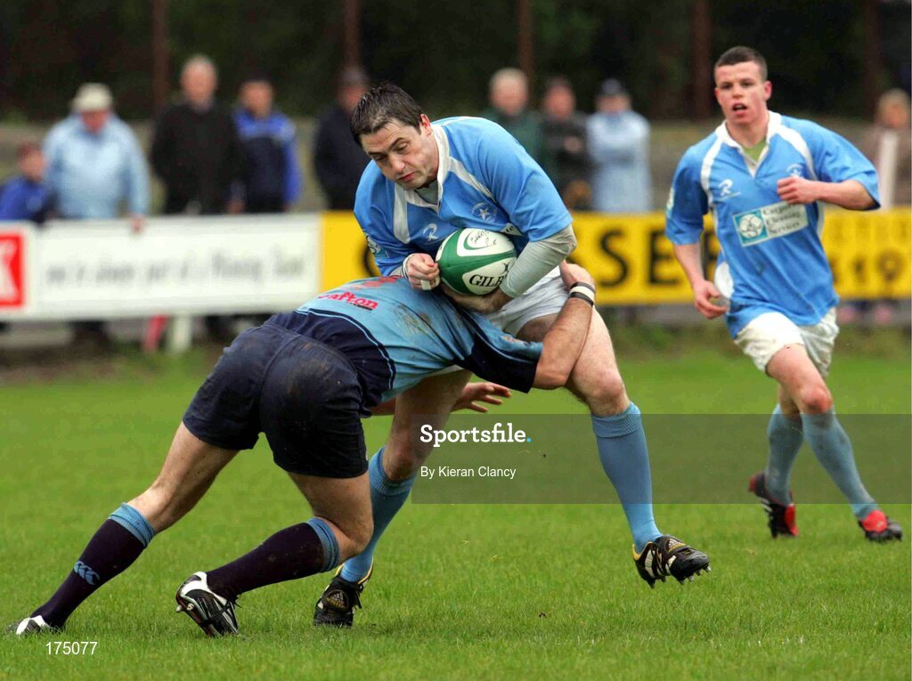 30 April 2005; Kevin Hartigan, Garryowen, is tackled by  David Doughtery, Belfast Harlequins. AIB All Ireland League 2004-2005, Division 1 Semi-Final, Garryowen v Belfast Harlequins, Dooradoyle, Limerick. Picture credit; Kieran Clancy / SPORTSFILE