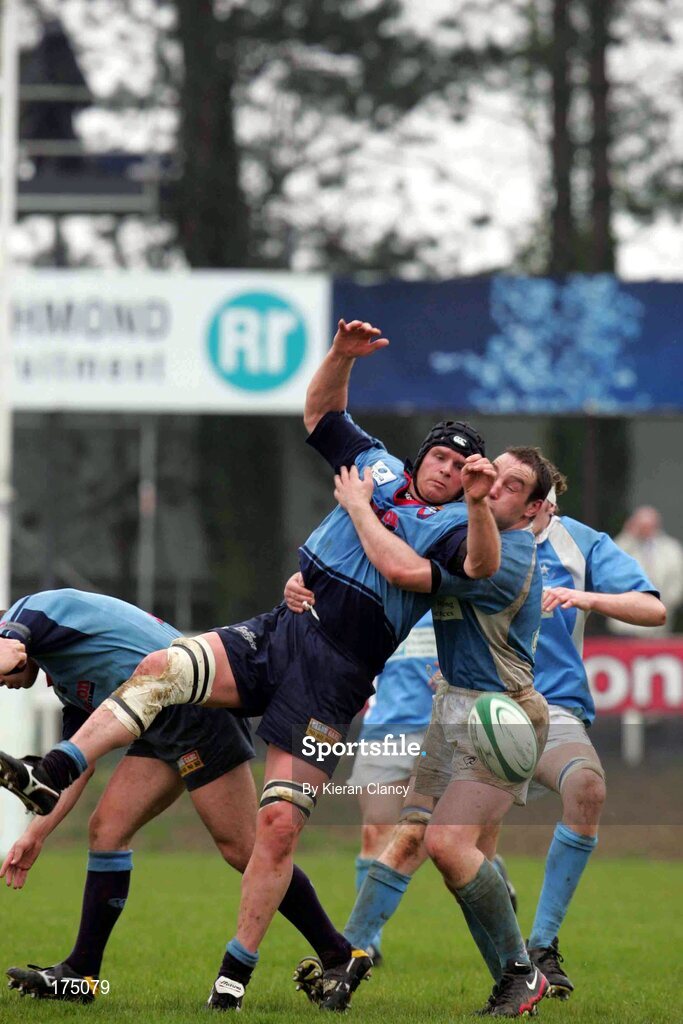 30 April 2005; Peter Malone, Garryowen, is tackled by Matt Mustchin, Belfast Harlequins. AIB All Ireland League 2004-2005, Division 1 Semi-Final, Garryowen v Belfast Harlequins, Dooradoyle, Limerick. Picture credit; Kieran Clancy / SPORTSFILE