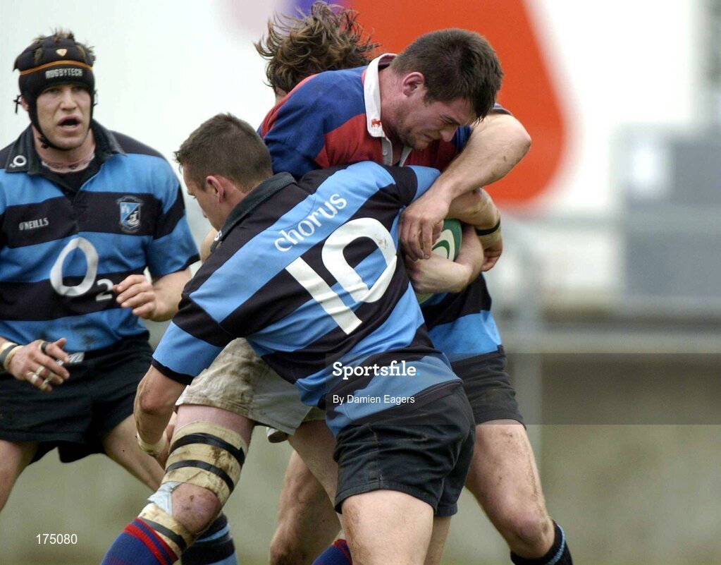 30 April 2005; John Duffy, Clontarf, is tackled by Dave Delaney, Shannon. AIB All Ireland League 2004-2005, Division 1 Semi-Final, Shannon v Clontarf, Thomond Park, Limerick. Picture credit; Damien Eagers / SPORTSFILE