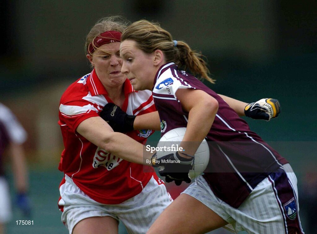 30 April 2005; Marie O'Connell, Galway, is tackled by Deirdre O'Reilly, Cork. Suzuki Ladies National Football League, Division 1 Final, Cork v Galway, Gaelic Grounds, Limerick. Picture credit; Ray McManus / SPORTSFILE