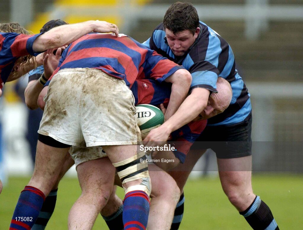 30 April 2005; Bernard Jackman, Clontarf, is tackled by Les Hogan, Shannon. AIB All Ireland League 2004-2005, Division 1 Semi-Final, Shannon v Clontarf, Thomond Park, Limerick. Picture credit; Damien Eagers / SPORTSFILE