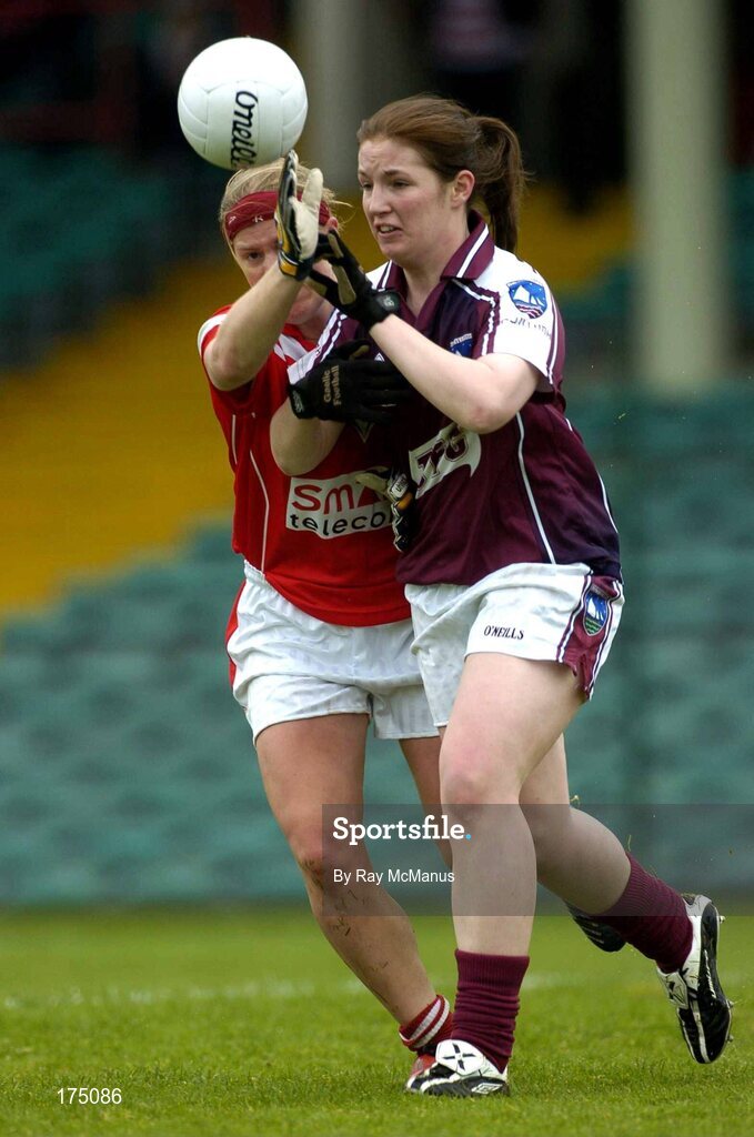 30 April 2005; Michelle Glynn, Galway, in action against Deirdre O'Reilly, Cork. Suzuki Ladies National Football League, Division 1 Final, Cork v Galway, Gaelic Grounds, Limerick. Picture credit; Ray McManus / SPORTSFILE