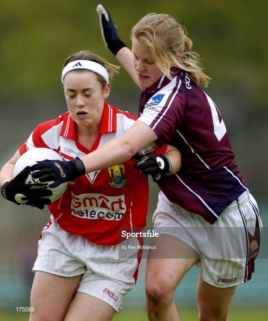 30 April 2005; Amanda Murphy, Cork, in action against Claire Molloy, Galway. Suzuki Ladies National Football League, Division 1 Final, Cork v Galway, Gaelic Grounds, Limerick. Picture credit; Ray McManus / SPORTSFILE