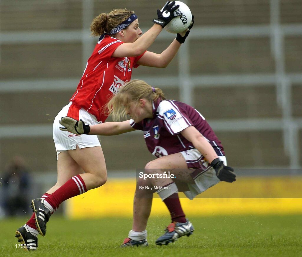 30 April 2005; Valerie Mulcahy, Cork, in action against Claire Molloy, Galway. Suzuki Ladies National Football League, Division 1 Final, Cork v Galway, Gaelic Grounds, Limerick. Picture credit; Ray McManus / SPORTSFILE