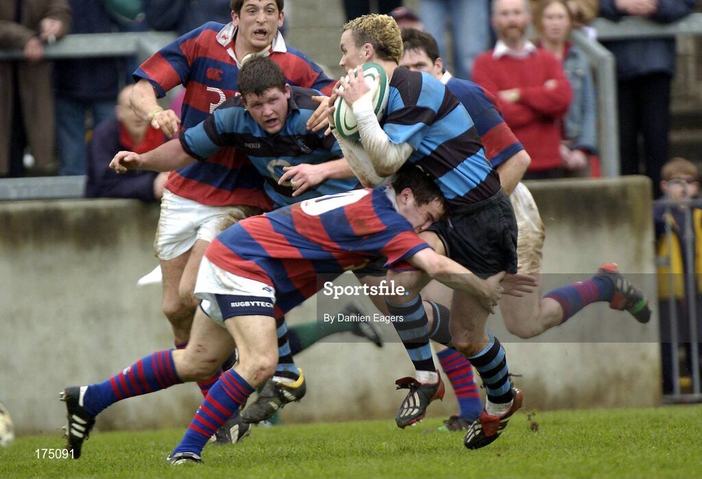 30 April 2005; Fiach O'Loughlin, Shannon, is tackled by Dave Hewitt, Clontarf. AIB All Ireland League 2004-2005, Division 1 Semi-Final, Shannon v Clontarf, Thomond Park, Limerick. Picture credit; Damien Eagers / SPORTSFILE