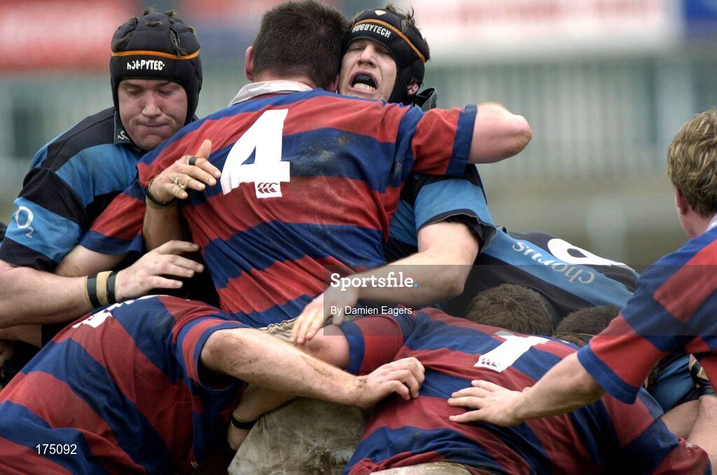 30 April 2005; Colm McMahon and Tom Hayes, left, Shannon in action against John Duffy, (4), Clontarf. AIB All Ireland League 2004-2005, Division 1 Semi-Final, Shannon v Clontarf, Thomond Park, Limerick. Picture credit; Damien Eagers / SPORTSFILE