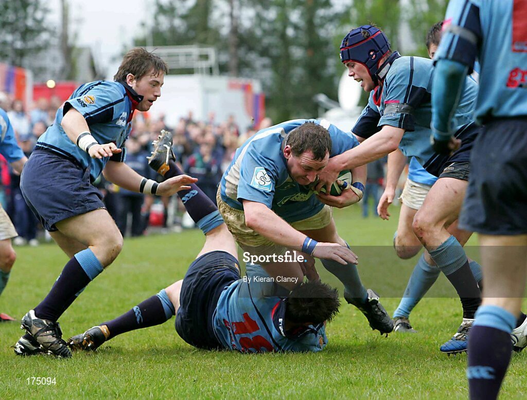 30 April 2005; Rob Laffan, Garryowen, is tackled by Ian Humphreys, Belfast Harlequins. AIB All Ireland League 2004-2005, Division 1 Semi-Final, Garryowen v Belfast Harlequins, Dooradoyle, Limerick. Picture credit; Kieran Clancy / SPORTSFILE