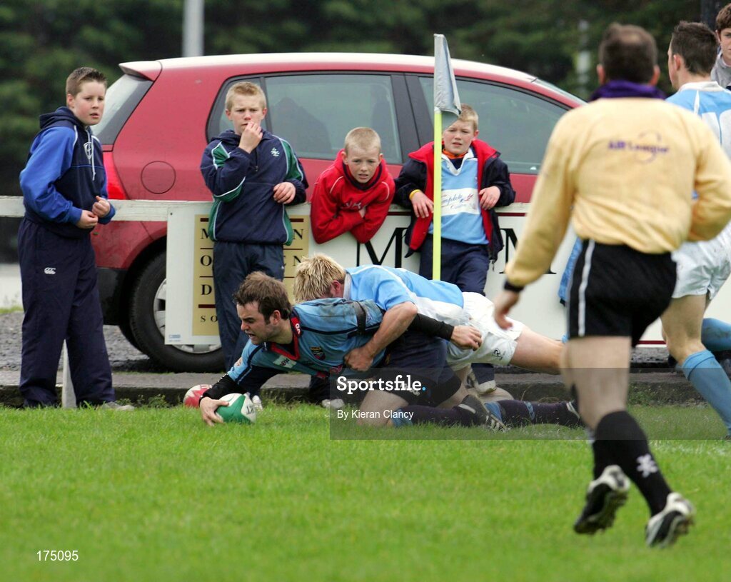 30 April 2005; Stuart Wilson, Belfast Harlequins, scores a try despite the tackle by Alan Purcell, Garryowen. AIB All Ireland League 2004-2005, Division 1 Semi-Final, Garryowen v Belfast Harlequins, Dooradoyle, Limerick. Picture credit; Kieran Clancy / SPORTSFILE