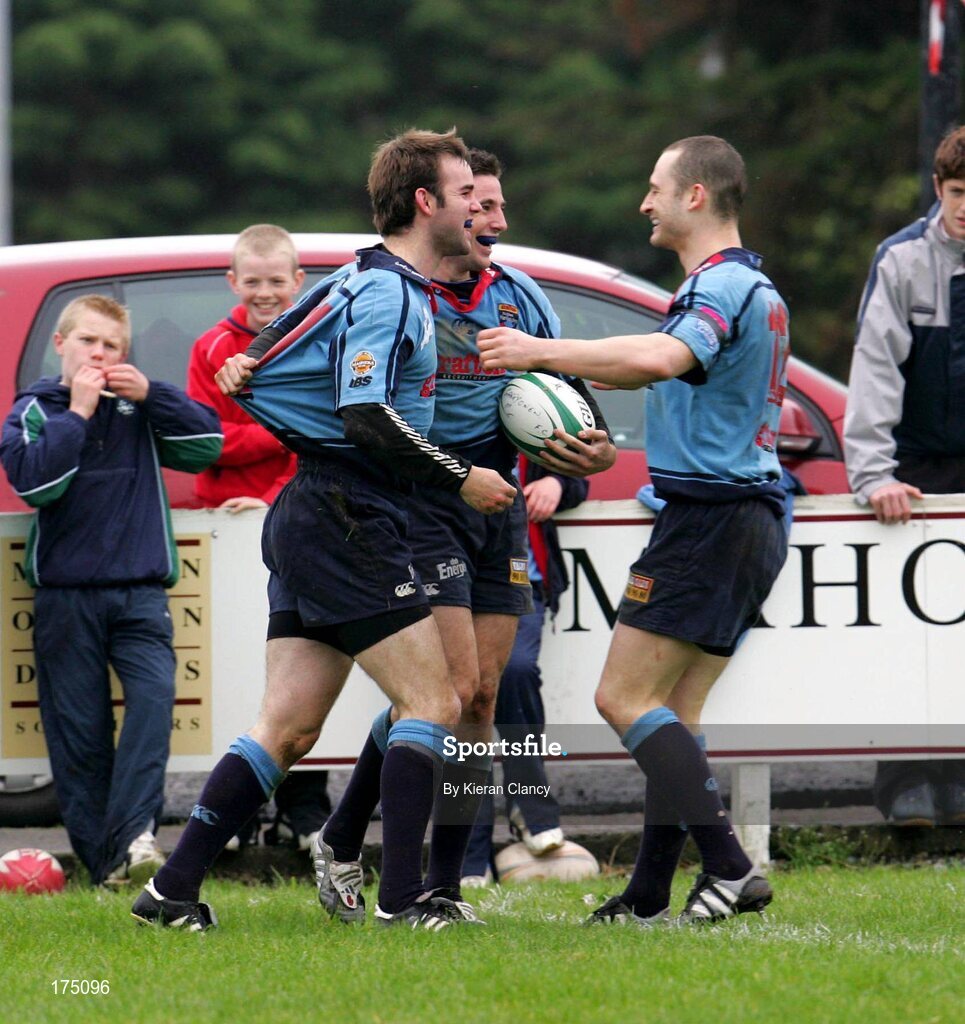 30 April 2005; Stuart Wilson is congratulated by Ian Humphreys, centre, and W P Strauss, right, Belfast Harlequins. AIB All Ireland League 2004-2005, Division 1 Semi-Final, Garryowen v Belfast Harlequins, Dooradoyle, Limerick. Picture credit; Kieran Clancy / SPORTSFILE