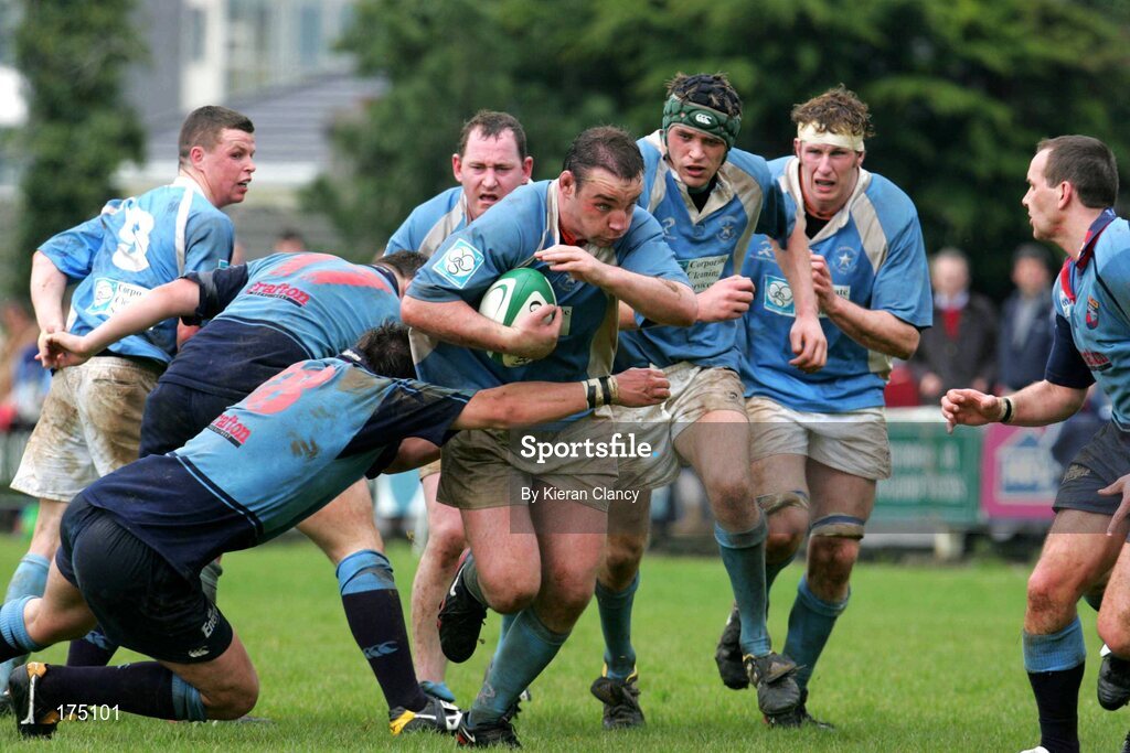 30 April 2005; Peter Malone, Garryowen, is tackled by Declan Fitzpatrick and Darren Barbour, Belfast Harlequins. AIB All Ireland League 2004-2005, Division 1 Semi-Final, Garryowen v Belfast Harlequins, Dooradoyle, Limerick. Picture credit; Kieran Clancy / SPORTSFILE