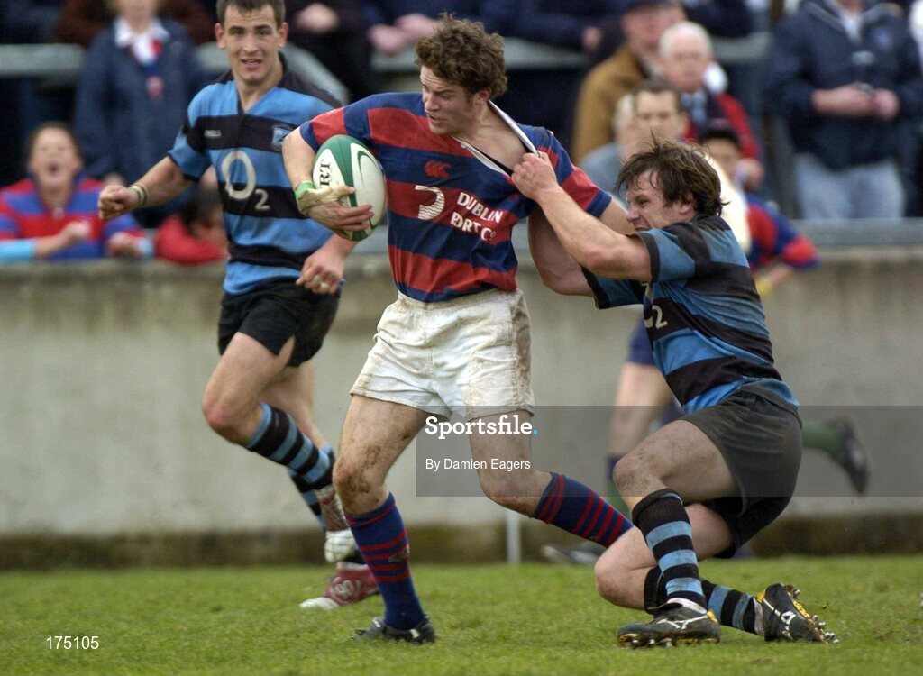 30 April 2005; Marc Hewitt, Clontarf, is tackled by John O'Connor, Shannon. AIB All Ireland League 2004-2005, Division 1 Semi-Final, Shannon v Clontarf, Thomond Park, Limerick. Picture credit; Damien Eagers / SPORTSFILE
