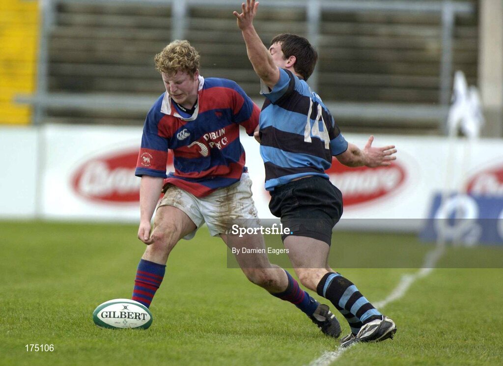 30 April 2005; Dave McAllister, Clontarf, is tackled by Ian Dowling, Shannon. AIB All Ireland League 2004-2005, Division 1 Semi-Final, Shannon v Clontarf, Thomond Park, Limerick. Picture credit; Damien Eagers / SPORTSFILE