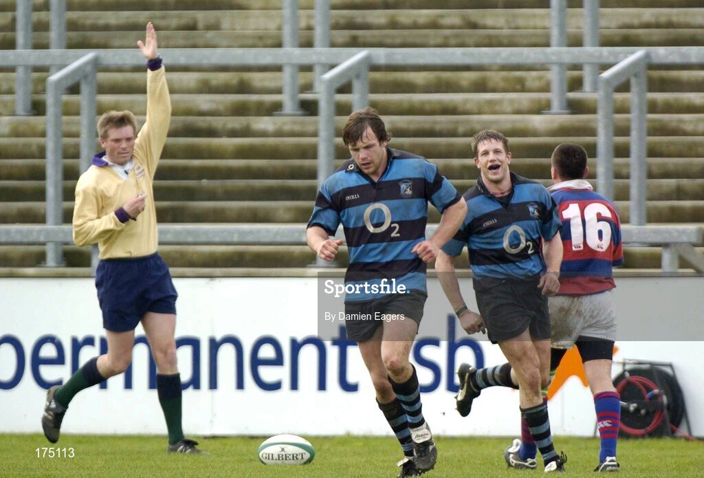30 April 2005; Referee Simon McDowell signals for a try as scorer John O'Connor, (centre) runs away. AIB All Ireland League 2004-2005, Division 1 Semi-Final, Shannon v Clontarf, Thomond Park, Limerick. Picture credit; Damien Eagers / SPORTSFILE