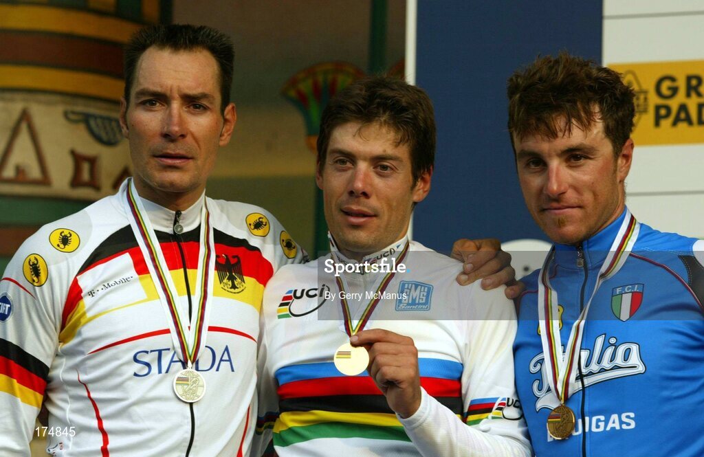3 October 2004; The medallists in the Elite Men's Road Race, from left, Erik Zabel, Germany, Silver Medal, Oscar Freire, Spain, Gold Medal, and Luca Paolini, Italy, Bronze Medal. World Road Cycling Championship, Bardolino, Verona, Italy. Picture credit; Gerry McManus / SPORTSFILE