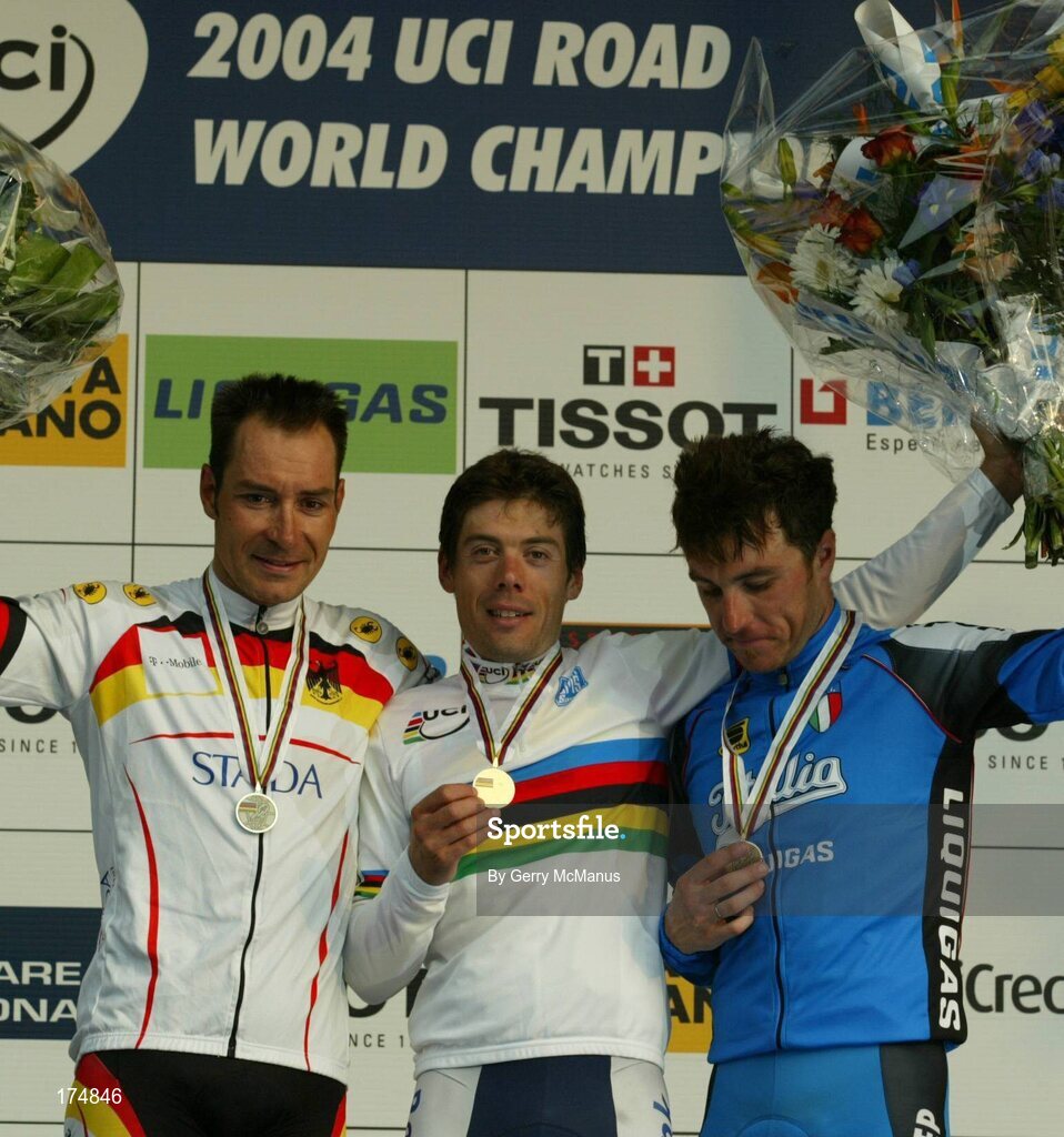 3 October 2004; The medallists in the Elite Men's Road Race, from left, Erik Zabel, Germany, Silver Medal, Oscar Freire, Spain, Gold Medal, and Luca Paolini, Italy, Bronze Medal. World Road Cycling Championship, Bardolino, Verona, Italy. Picture credit; Gerry McManus / SPORTSFILE