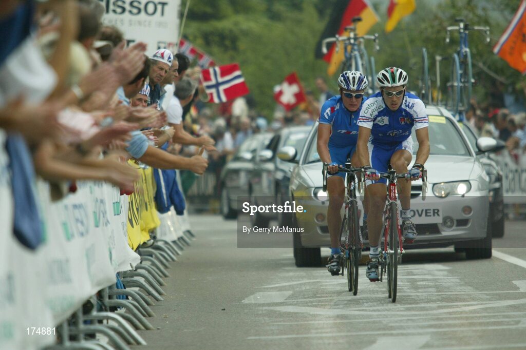 3 October 2004; Frenchman Christophe Le Mevel leads Vladimir Efimkin, Russia, in their brave two-up breakaway group that stayed clear for the first half of the race during the Elite Men's Road Race. World Road Cycling Championship, Bardolino, Verona, Italy. Picture credit; Gerry McManus / SPORTSFILE