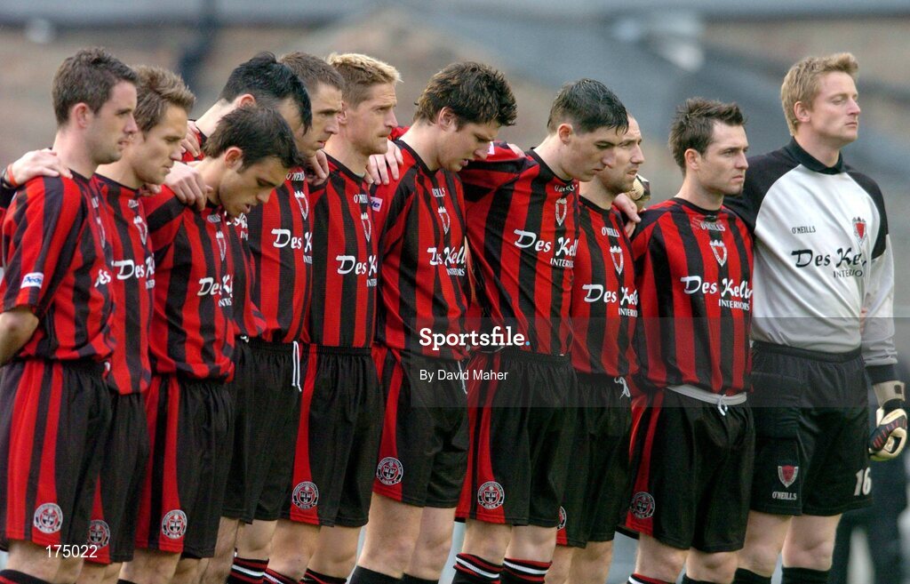 22 April 2005; Bohemians players stand for a minute silence before the start of the game. eircom League, Premier Division, Bohemians v Finn Harps, Dalymount Park, Dublin. Picture credit; David Maher / SPORTSFILE