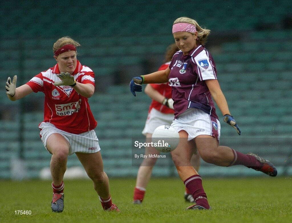 30 April 2005; Patricia Gleeson, Galway, in action against Deirdre O'Reilly, Cork. Suzuki Ladies National Football League, Division 1 Final, Cork v Galway, Gaelic Grounds, Limerick. Picture credit; Ray McManus / SPORTSFILE