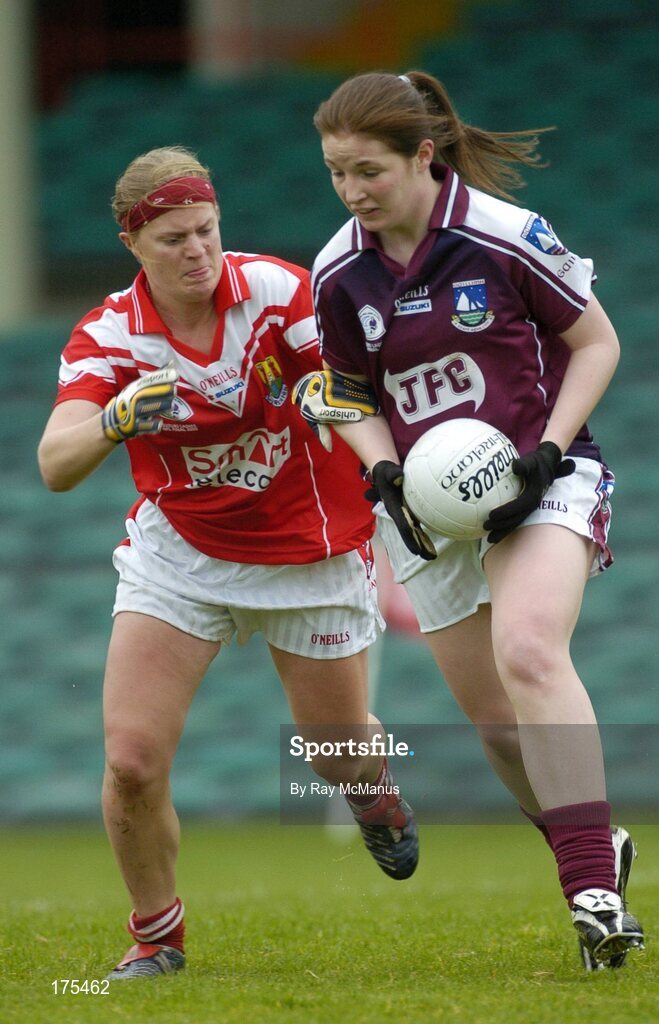 30 April 2005; Michelle Glynn, Galway, in action against Deirdre O'Reilly, Cork. Suzuki Ladies National Football League, Division 1 Final, Cork v Galway, Gaelic Grounds, Limerick. Picture credit; Ray McManus / SPORTSFILE