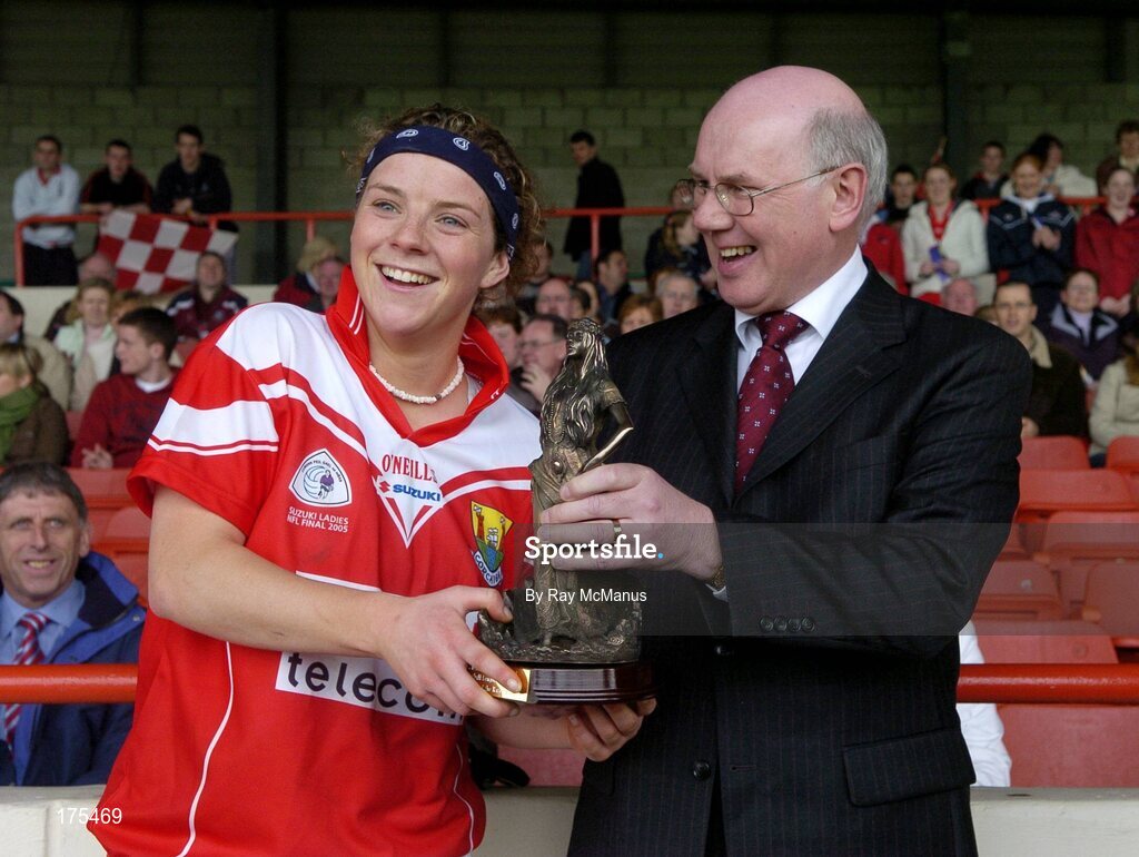 30 April 2005; Niall O'Gorman, General Manager, Suzuki Ireland. presents the ' Player of the Match' award to Cork's Valerie Mulcahy. Suzuki Ladies National Football League, Division 1 Final, Cork v Galway, Gaelic Grounds, Limerick. Picture credit; Ray McManus / SPORTSFILE