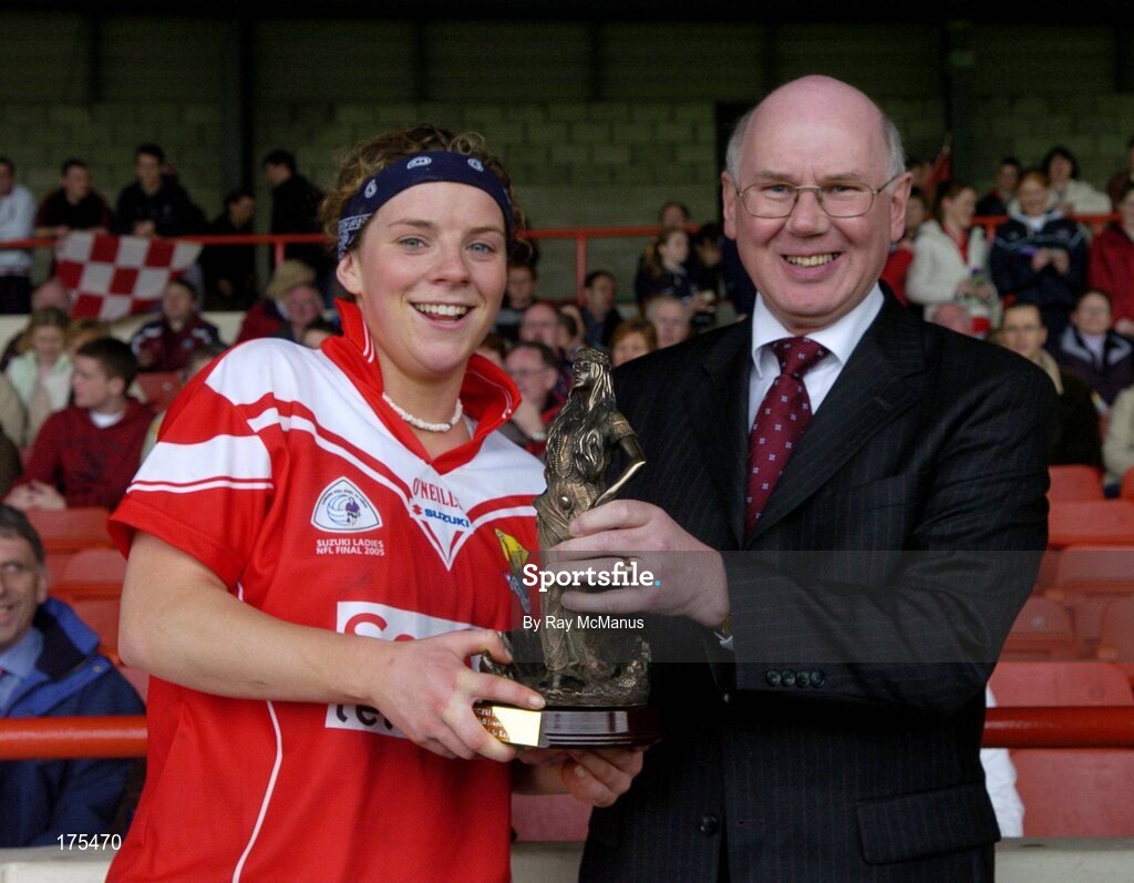 30 April 2005; Niall O'Gorman, General Manager, Suzuki Ireland. presents the ' Player of the Match' award to Cork's Valerie Mulcahy. Suzuki Ladies National Football League, Division 1 Final, Cork v Galway, Gaelic Grounds, Limerick. Picture credit; Ray McManus / SPORTSFILE