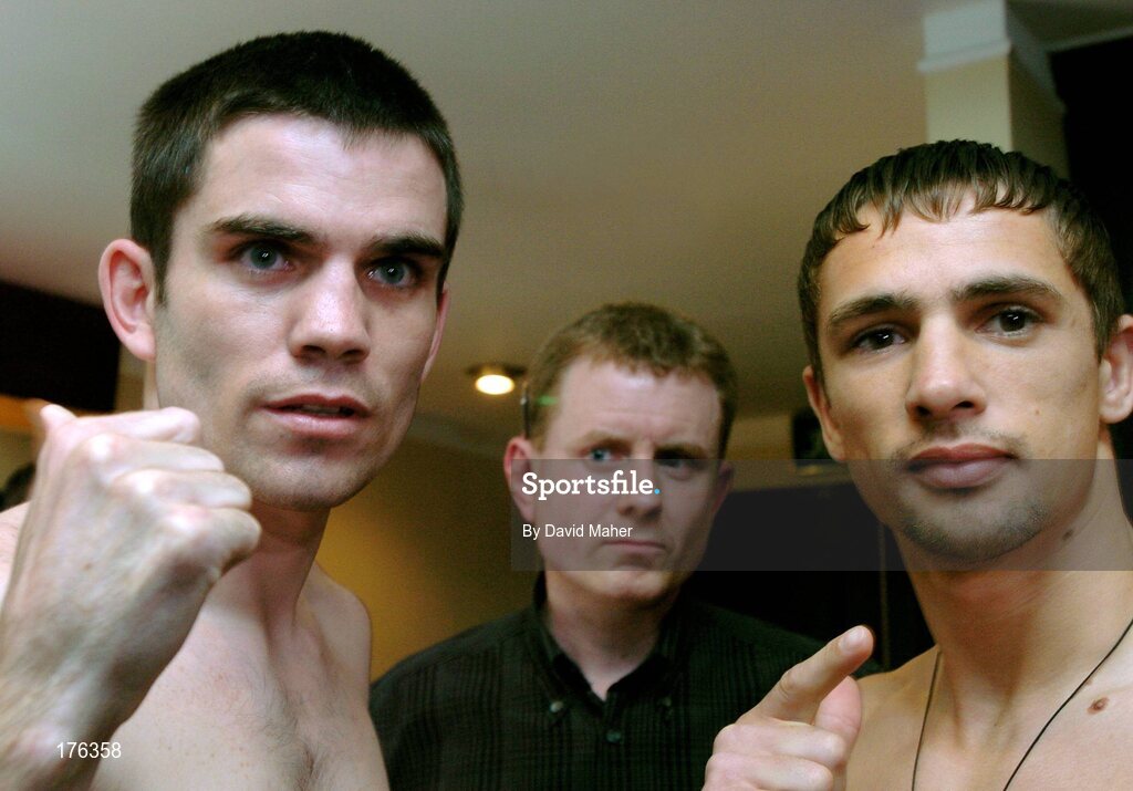 13 May 2005; Boxers Bernard Dunne, left, with Yuri Voronin and boxing promoter Brian Peters at a weigh-in prior to the Bernard Dunne.v. Yuri Voronin boxing event that takes place on 14th May. Jury's Hotel, Ballsbridge, Dublin. Picture credit; David Maher / SPORTSFILE