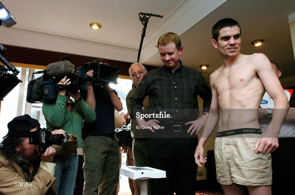 13 May 2005; Boxers Bernard Dunne, right, and boxing promoter Brian Peter, at a weigh-in prior to the Bernard Dunne.v. Yuri Voronin boxing event that takes place on 14th May. Jury's Hotel, Ballsbridge, Dublin. Picture credit; David Maher / SPORTSFILE