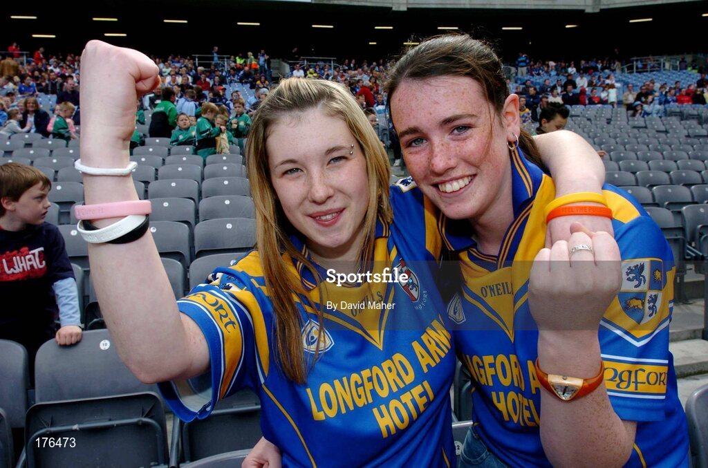 15 May 2005; Michelle Carroll, left, and Aodhnoit Casey, both from Longford, cheer on their team. Bank Of Ireland Leinster Senior Football Championship, Dublin v Longford, Croke Park, Dublin. Picture credit; David Maher / SPORTSFILE