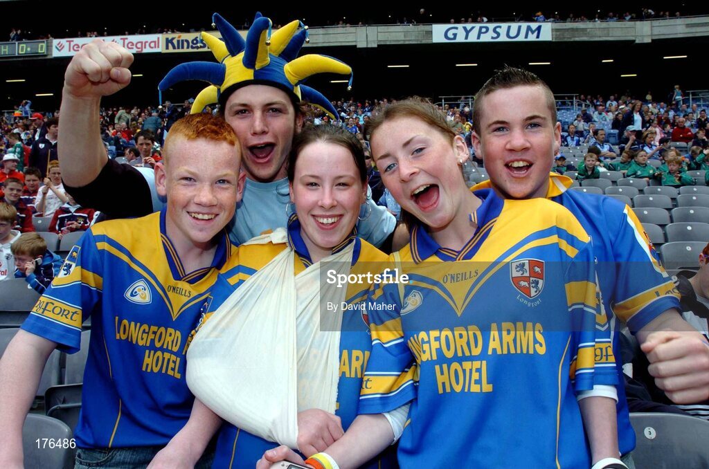 15 May 2005; Longford supporters left to right, Keith Carbury, Nathan Cox, Katie Carbury, Aoife Connaughton and Blaine Carbury, cheer on their team. Bank Of Ireland Leinster Senior Football Championship, Dublin v Longford, Croke Park, Dublin. Picture credit; David Maher / SPORTSFILE