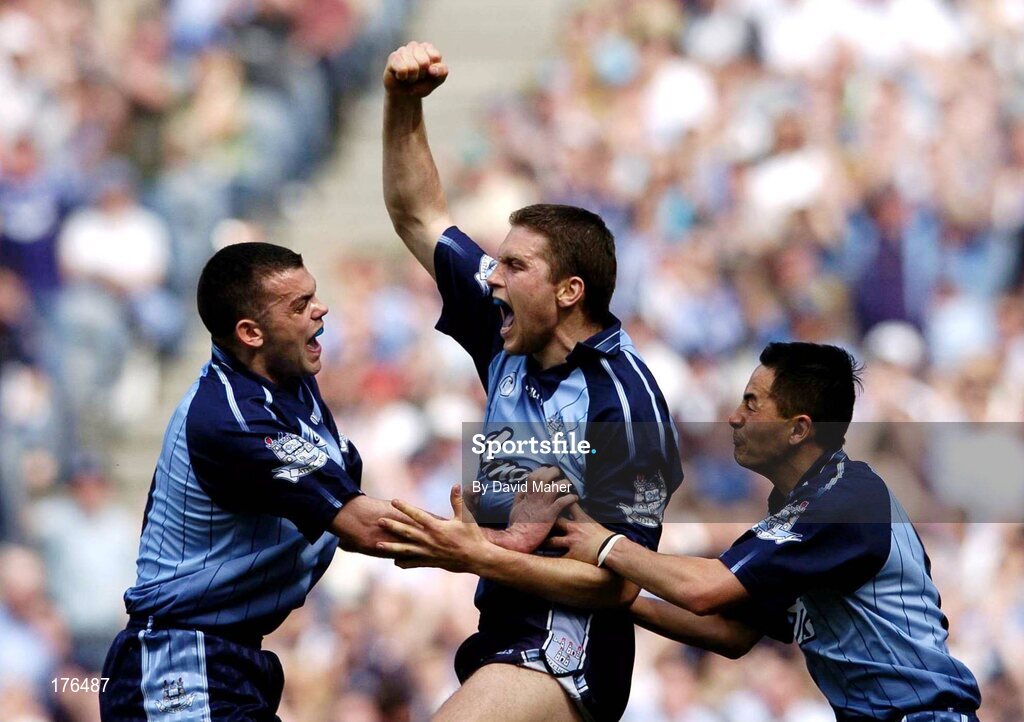 15 May 2005; Conal Keaney, centre, Dublin, celebrates with team-mates, Tomas Quinn, left and Jason Sherlock, after scoring his sides first goal. Bank Of Ireland Leinster Senior Football Championship, Dublin v Longford, Croke Park, Dublin. Picture credit; David Maher / SPORTSFILE