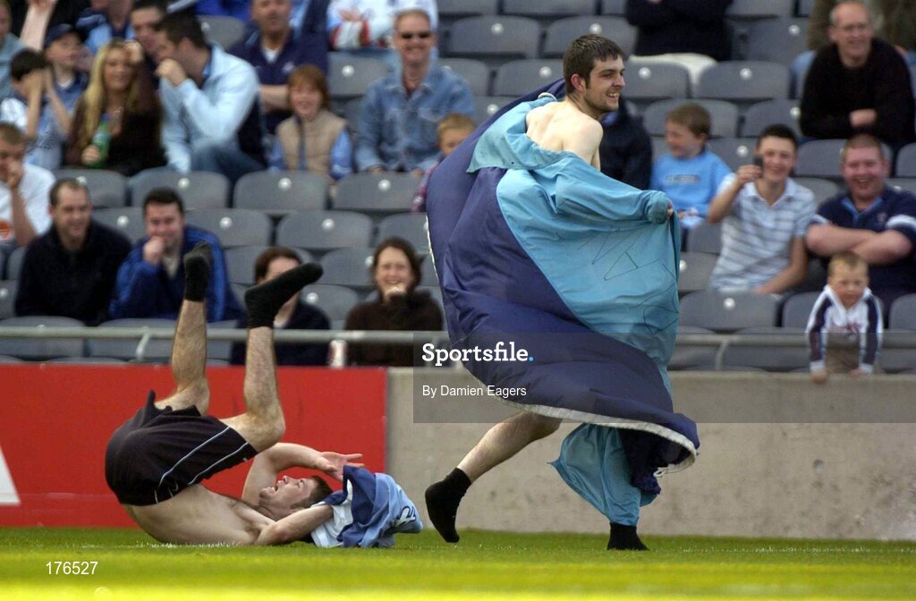 15 May 2005; Two Dublin streakers / supporters run onto the pitch. Bank Of Ireland Leinster Senior Football Championship, Dublin v Longford, Croke Park, Dublin. Picture credit; Damien Eagers / SPORTSFILE
