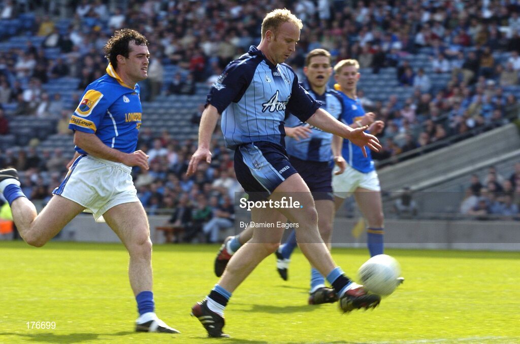 15 May 2005; Shane Ryan, Dublin, kicks a point despite the efforts of Paul Barden, Longford. Bank Of Ireland Leinster Senior Football Championship, Dublin v Longford, Croke Park, Dublin. Picture credit; Damien Eagers / SPORTSFILE