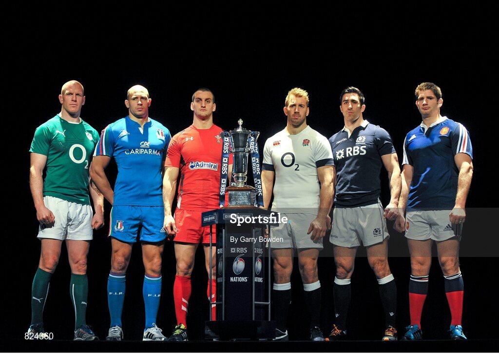 22 January 2014; In attendance at the launch of the 2014 RBS Six Nations Championship are team captains, from left to right, Ireland's Paul O'Connell, Italy's Sergio Parisse, Wales' Sam Warburton, England's Chris Robshaw, Scotland's Kelly Brown and France's Pascal Pape with the RBS Six Nations Championship trophy. RBS Six Nations Championship 2014 Launch, The Hurlingham Club, Ranelagh Gardens, London. Picture credit: Garry Bowden / SPORTSFILE