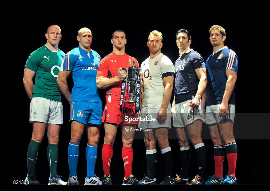 22 January 2014; In attendance at the launch of the 2014 RBS Six Nations Championship are team captains, from left to right, Ireland's Paul O'Connell, Italy's Sergio Parisse, Wales' Sam Warburton, England's Chris Robshaw, Scotland's Kelly Brown and France's Pascal Pape with the RBS Six Nations Championship trophy. RBS Six Nations Championship 2014 Launch, The Hurlingham Club, Ranelagh Gardens, London. Picture credit: Garry Bowden / SPORTSFILE
