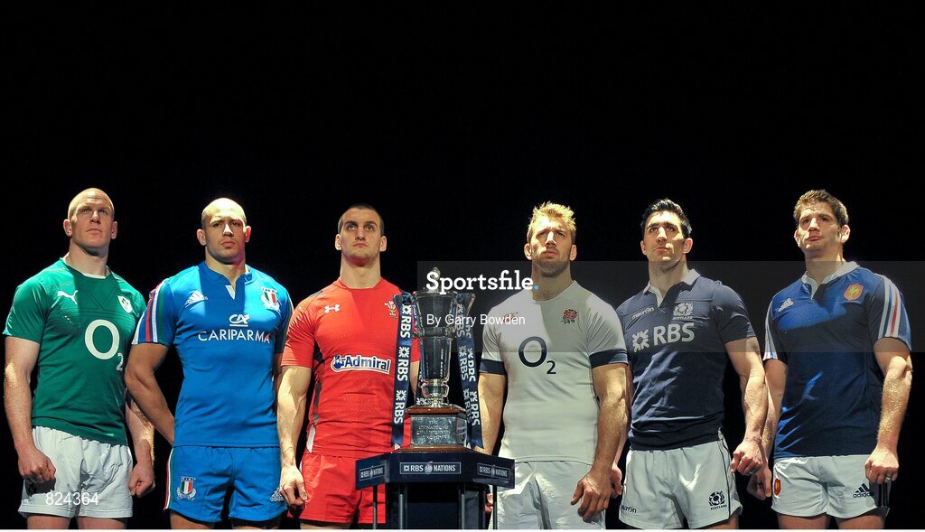 22 January 2014; In attendance at the launch of the 2014 RBS Six Nations Championship are team captains, from left to right, Ireland's Paul O'Connell, Italy's Sergio Parisse, Wales' Sam Warburton, England's Chris Robshaw, Scotland's Kelly Brown and France's Pascal Pape with the RBS Six Nations Championship trophy. RBS Six Nations Championship 2014 Launch, The Hurlingham Club, Ranelagh Gardens, London. Picture credit: Garry Bowden / SPORTSFILE