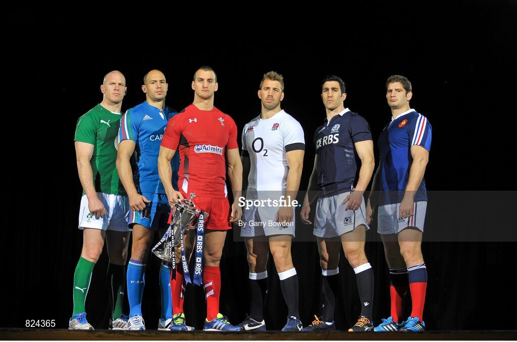 22 January 2014; In attendance at the launch of the 2014 RBS Six Nations Championship are team captains, from left to right, Ireland's Paul O'Connell, Italy's Sergio Parisse, Wales' Sam Warburton, England's Chris Robshaw, Scotland's Kelly Brown and France's Pascal Pape with the RBS Six Nations Championship trophy. RBS Six Nations Championship 2014 Launch, The Hurlingham Club, Ranelagh Gardens, London. Picture credit: Garry Bowden / SPORTSFILE