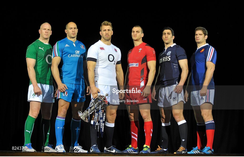 22 January 2014; In attendance at the launch of the 2014 RBS Six Nations Championship are team captains, from left to right, Ireland's Paul O'Connell, Italy's Sergio Parisse, Wales' Sam Warburton, England's Chris Robshaw, Scotland's Kelly Brown and France's Pascal Pape with the RBS Six Nations Championship trophy. RBS Six Nations Championship 2014 Launch, The Hurlingham Club, Ranelagh Gardens, London. Picture credit: Garry Bowden / SPORTSFILE