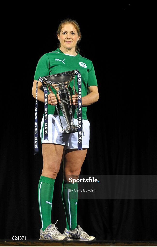 22 January 2014; In attendance at the launch of the 2014 RBS Six Nations Championship is Ireland Womens captain Fiona Coughlan with the Womens RBS Six Nations Championship trophy. RBS Six Nations Championship 2014 Launch, The Hurlingham Club, Ranelagh Gardens, London. Picture credit: Garry Bowden / SPORTSFILE