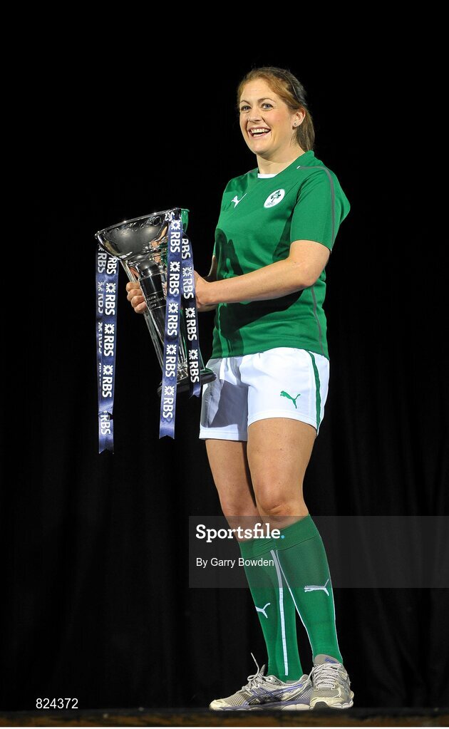 22 January 2014; In attendance at the launch of the 2014 RBS Six Nations Championship is Ireland Womens captain Fiona Coughlan with the Womens RBS Six Nations Championship trophy. RBS Six Nations Championship 2014 Launch, The Hurlingham Club, Ranelagh Gardens, London. Picture credit: Garry Bowden / SPORTSFILE